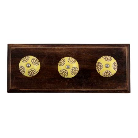 Brown Marigold Etched Ceramic Floral Wooden Hooks